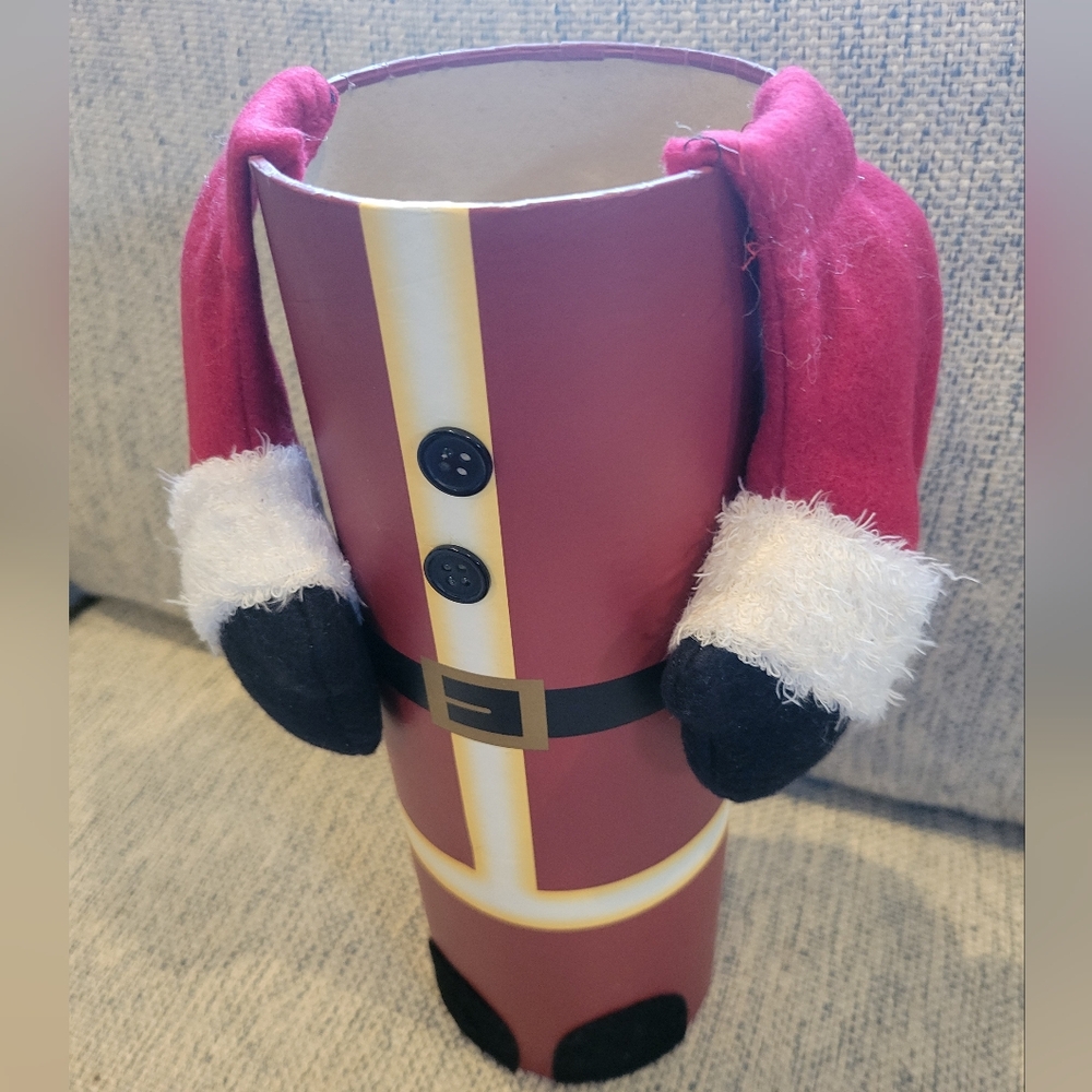 SANTA GIFT BOX WINE SIZED RED WHITE BLACK GOLD REMOVABLE LID WITH BELL - Picture 5 of 6